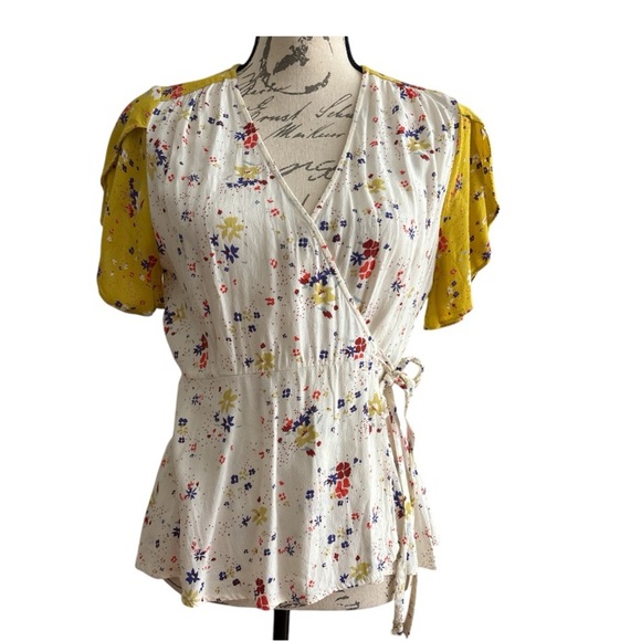 ANTHROPOLOGIE Meadow Rue wrap top, colorful, contrast sleeves, size 8 - Picture 3 of 9